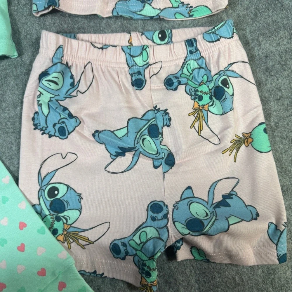 Disney Stitch Girls 4 Piece Pajama Set Mint Green Pink Hearts Size 6 Cotton